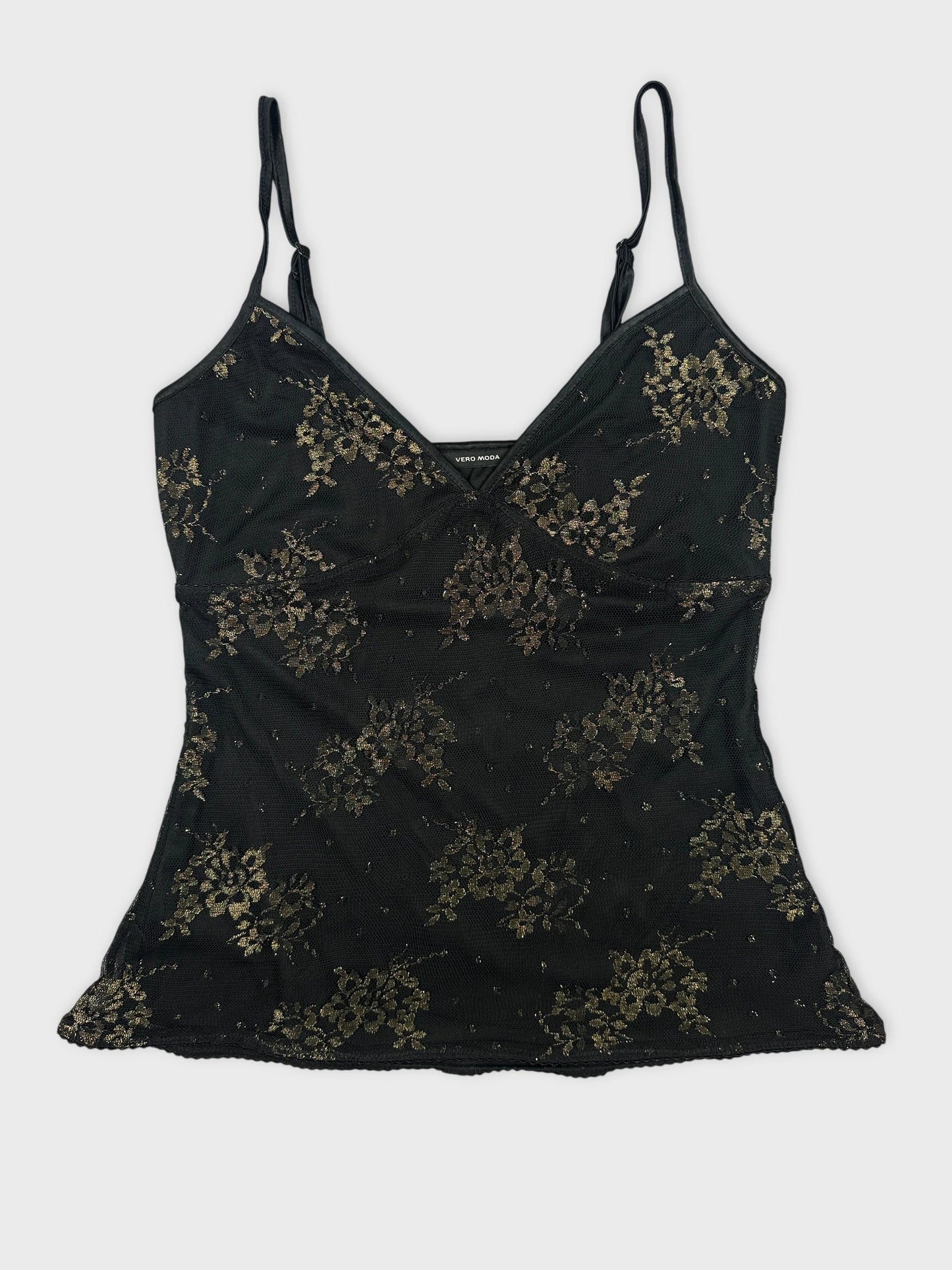 Black floral top with lace trim front view
