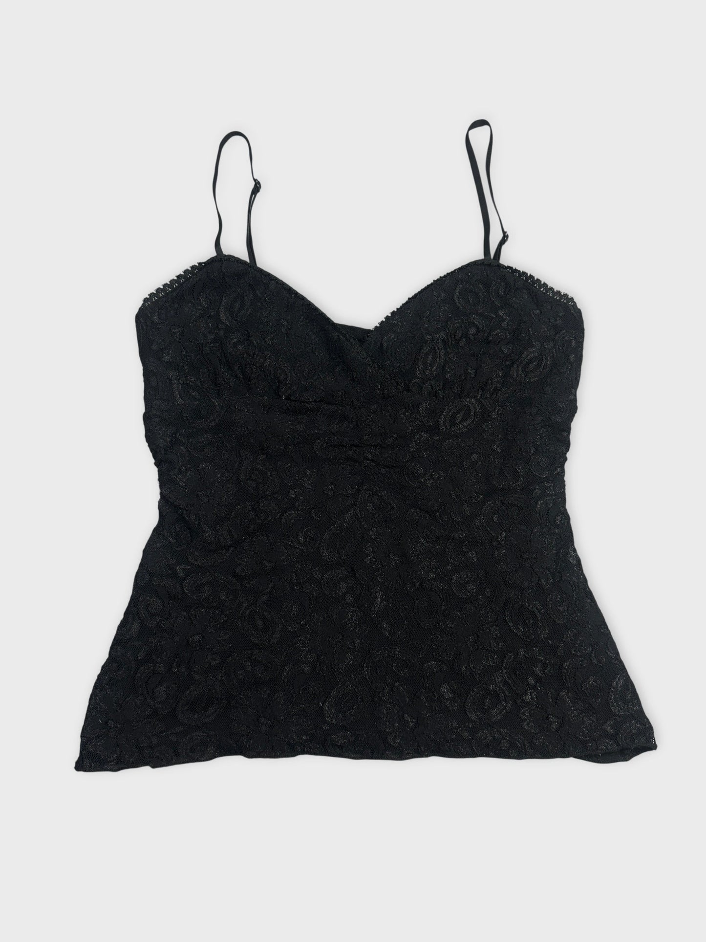 Black lace camisole top with adjustable straps front view