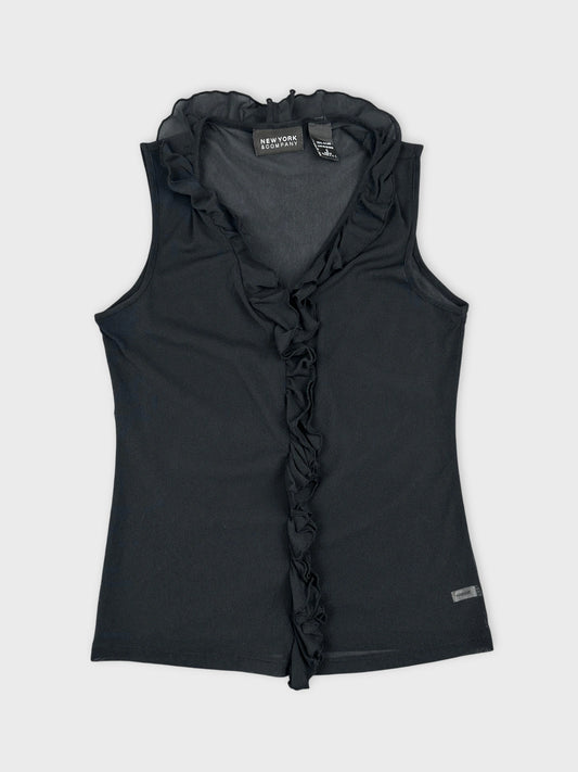 Front view of a black sleeveless top with ruffled trim.