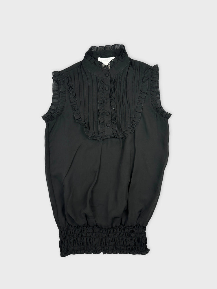 Chic Black Sheer Top with Ruffled Collar (S)