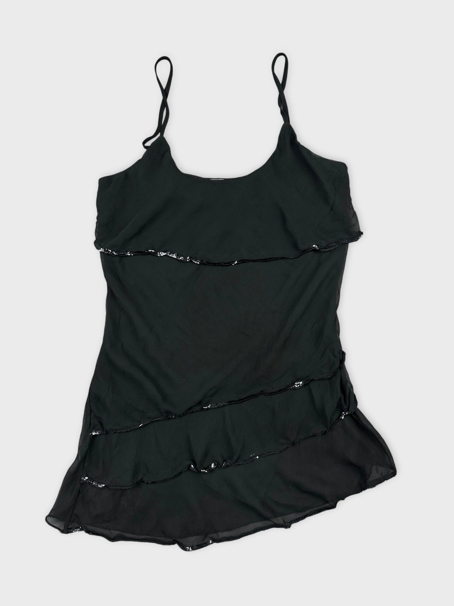 Black sleeveless top with layered ruffles front view