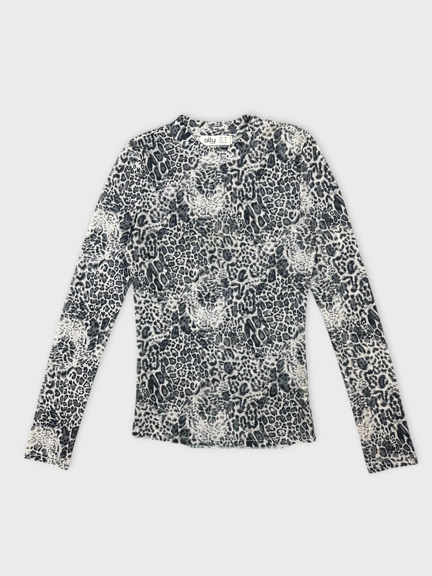 Front view of a women's long-sleeve top in gray leopard print.