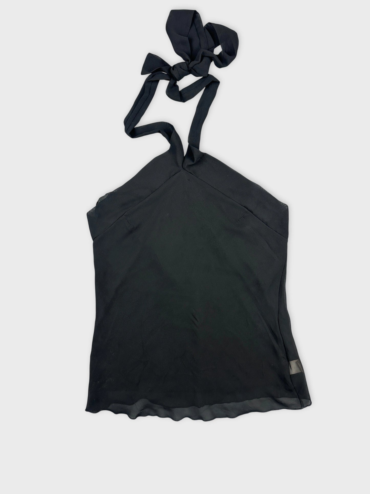 Black halter top with tied straps front view
