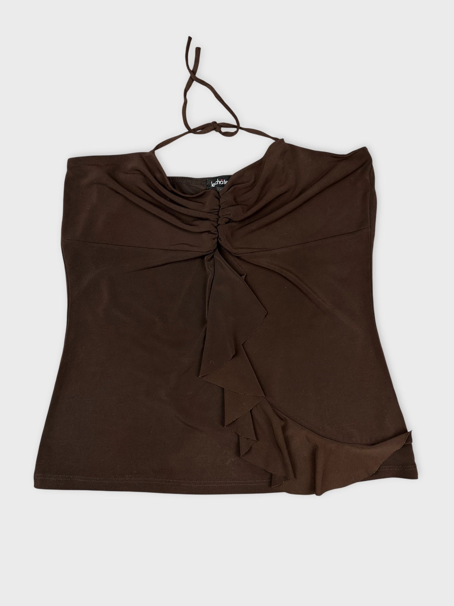 Brown off-the-shoulder top with ruffled detail front view