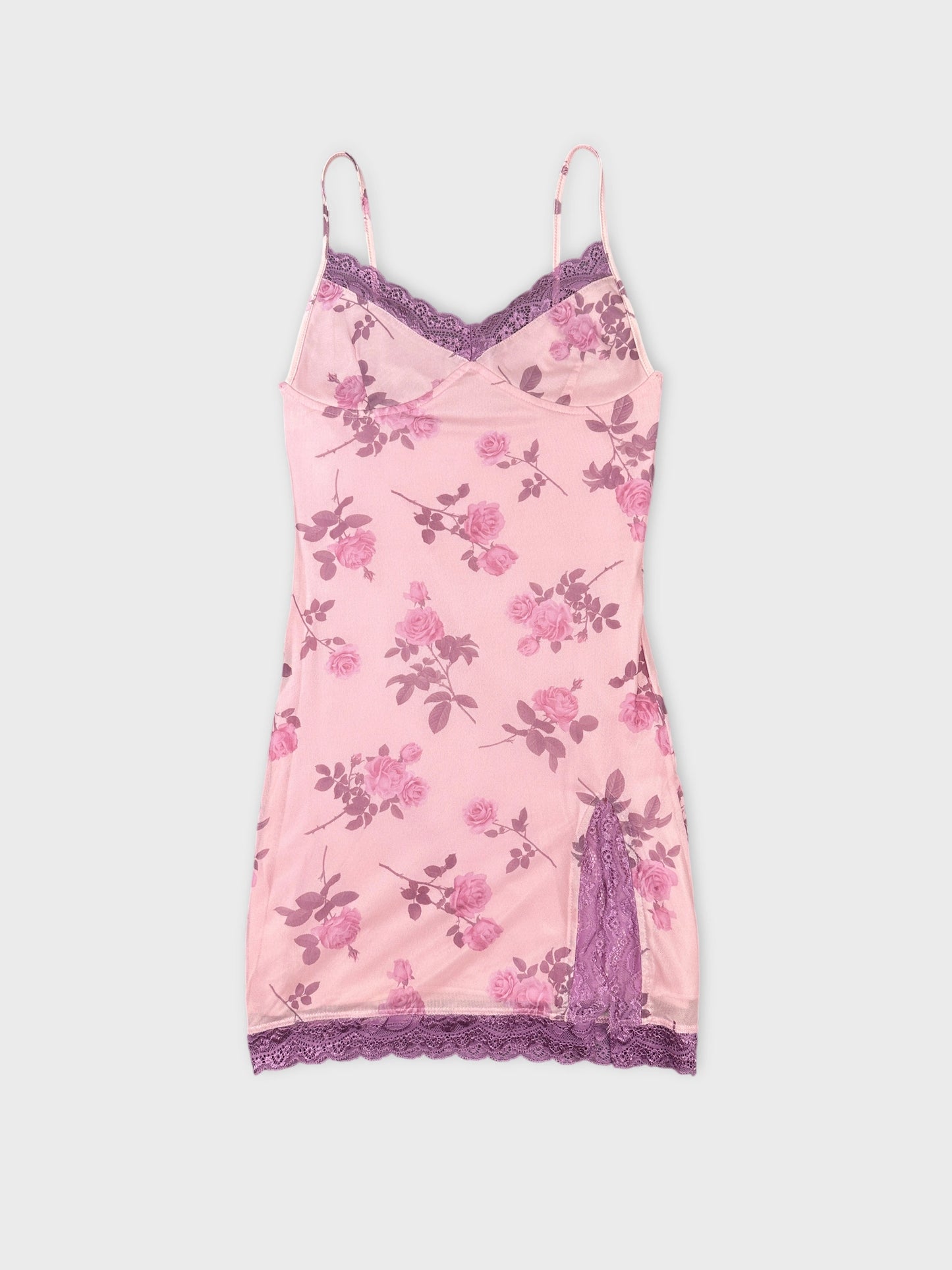 Front view of a pink floral camisole with lace trim details.