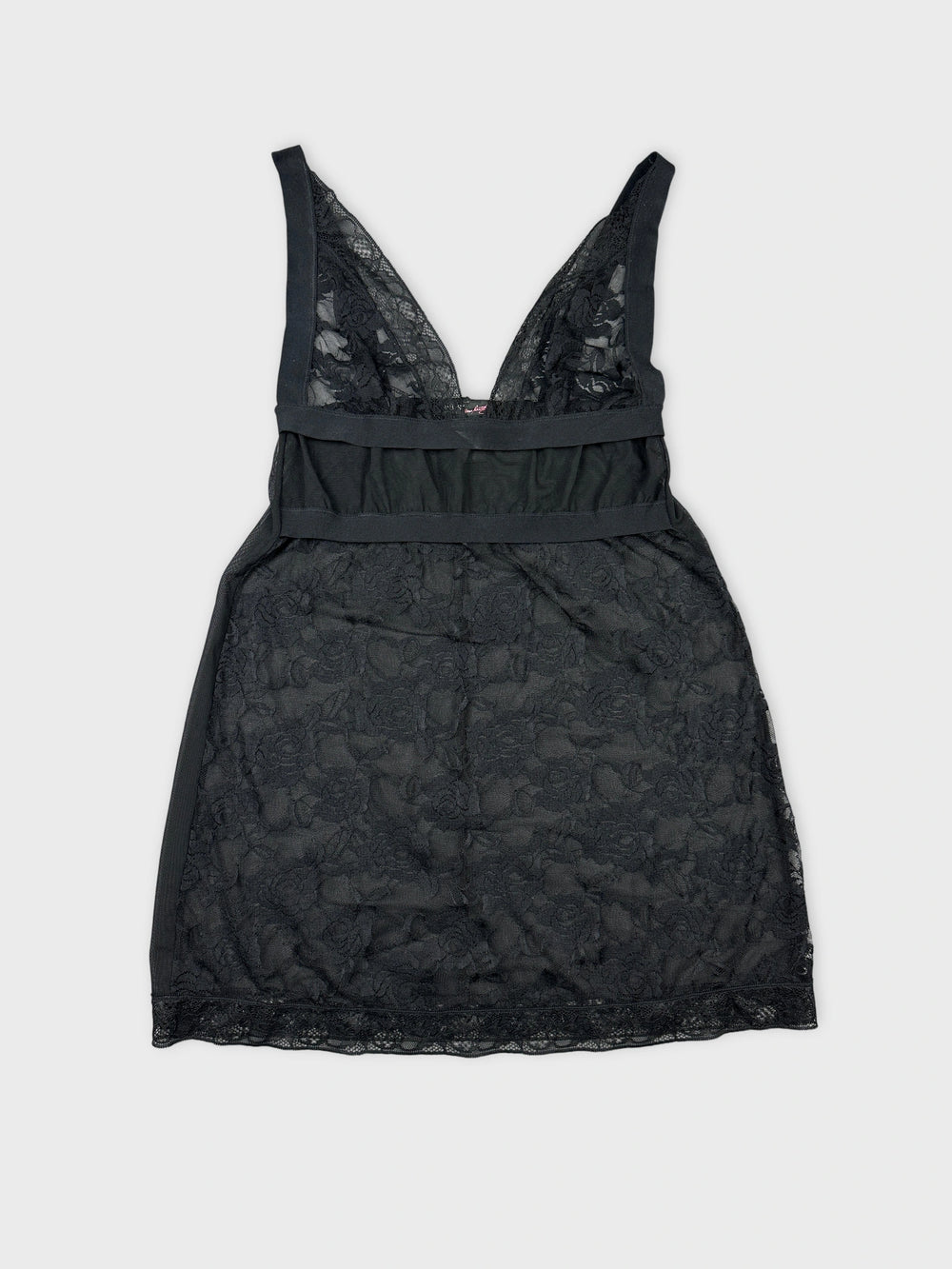 Black lace cami top with a deep V neckline front view