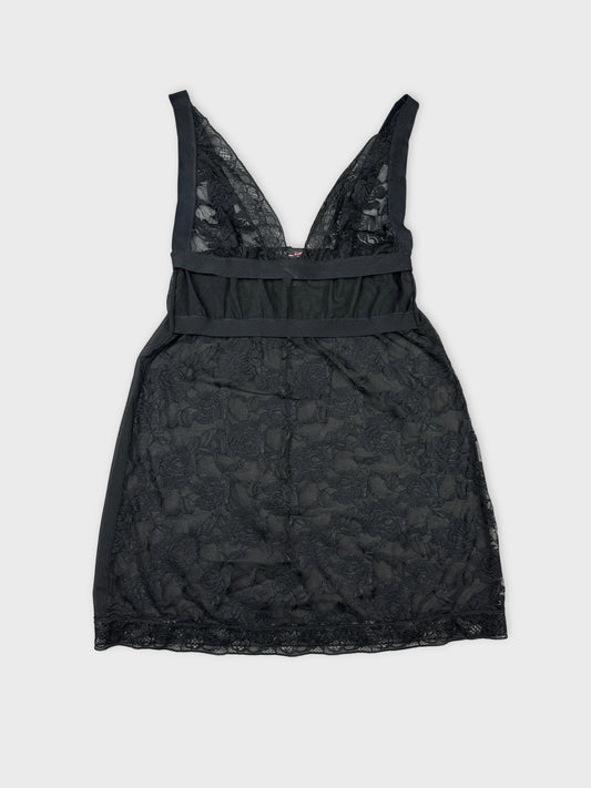 Black lace cami top with a deep V neckline front view