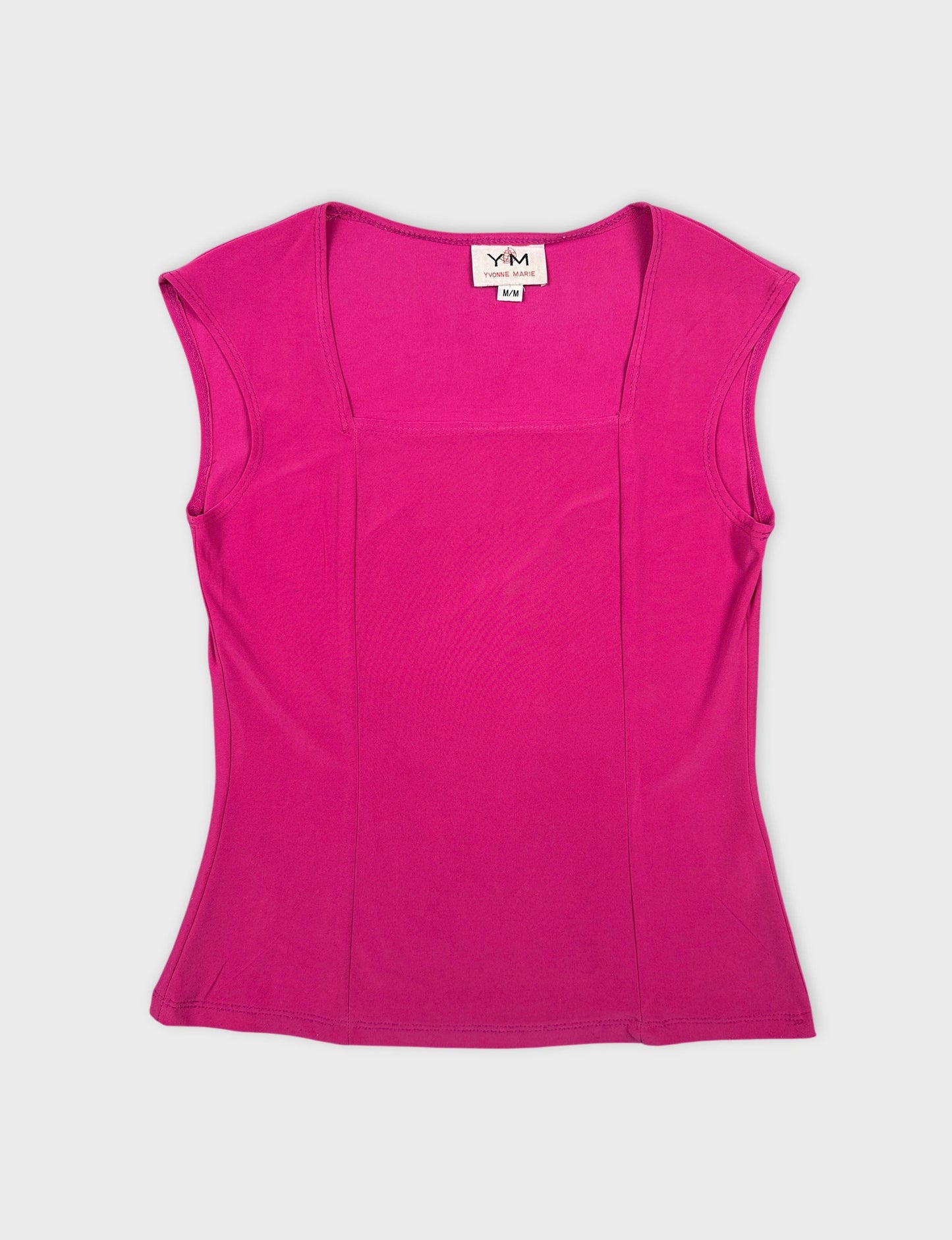 Front view of a fitted pink sleeveless top with a square neckline.