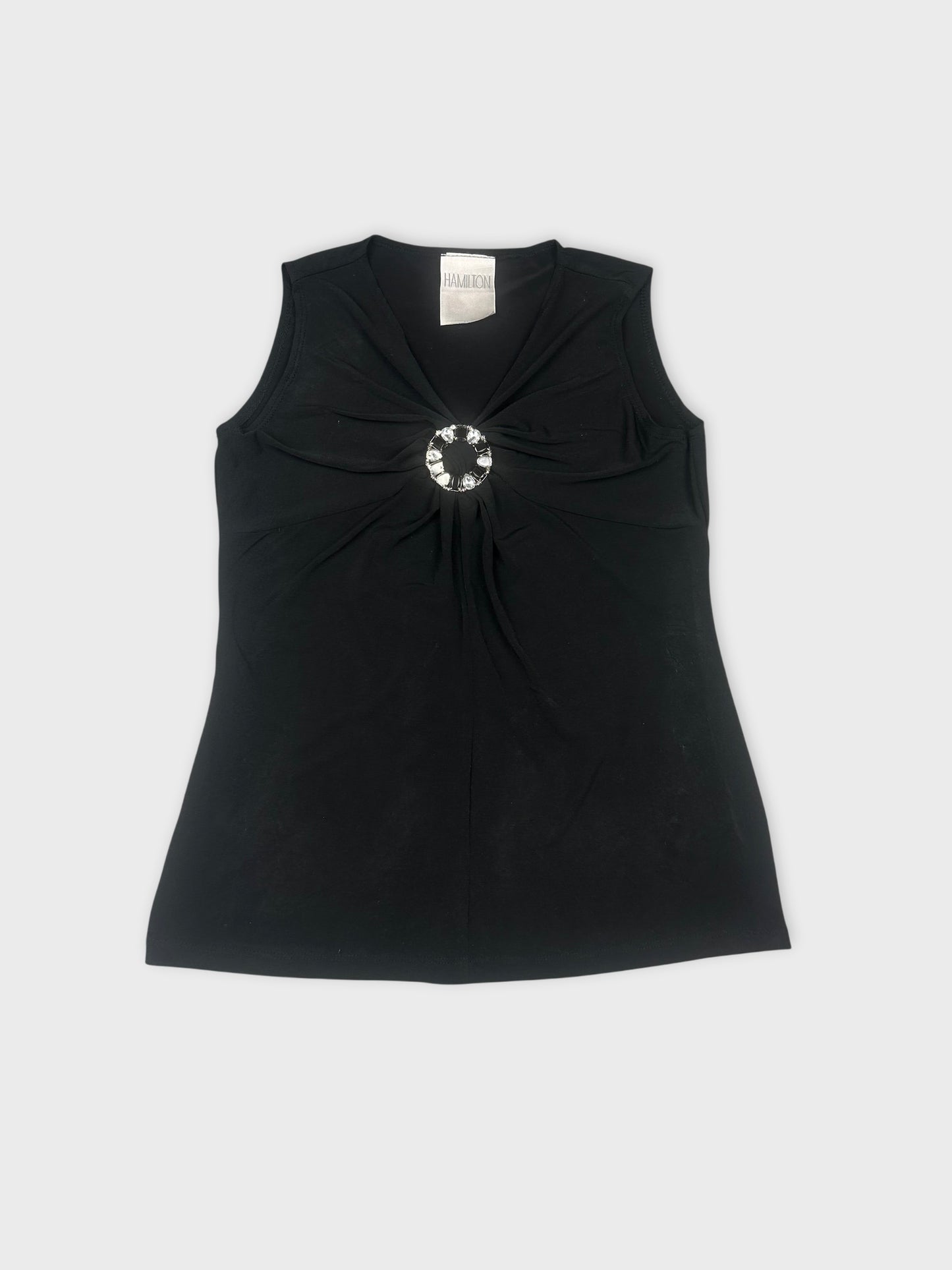 Black sleeveless top with gathering detail and center sparkle accent front view