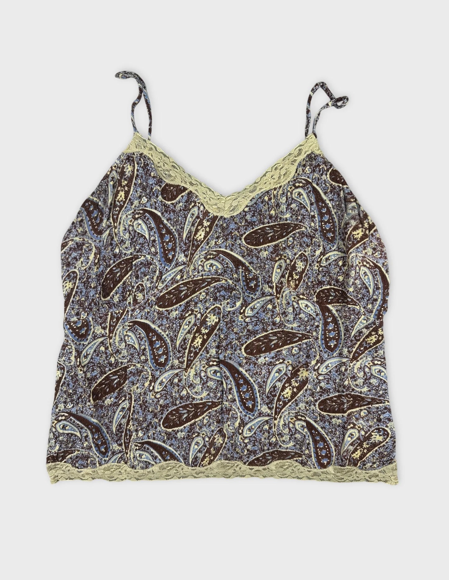 Front view of a vintage brown paisley camisole with lace trim.