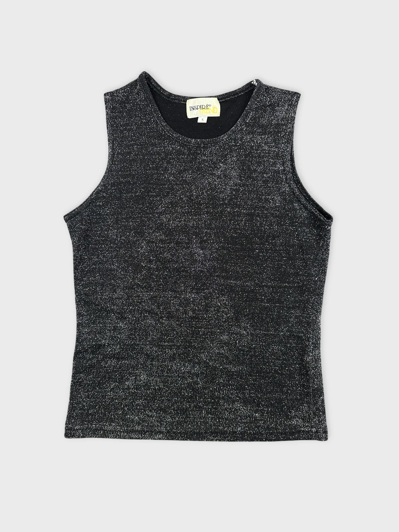 Front view of a black sleeveless top with a glittery texture.