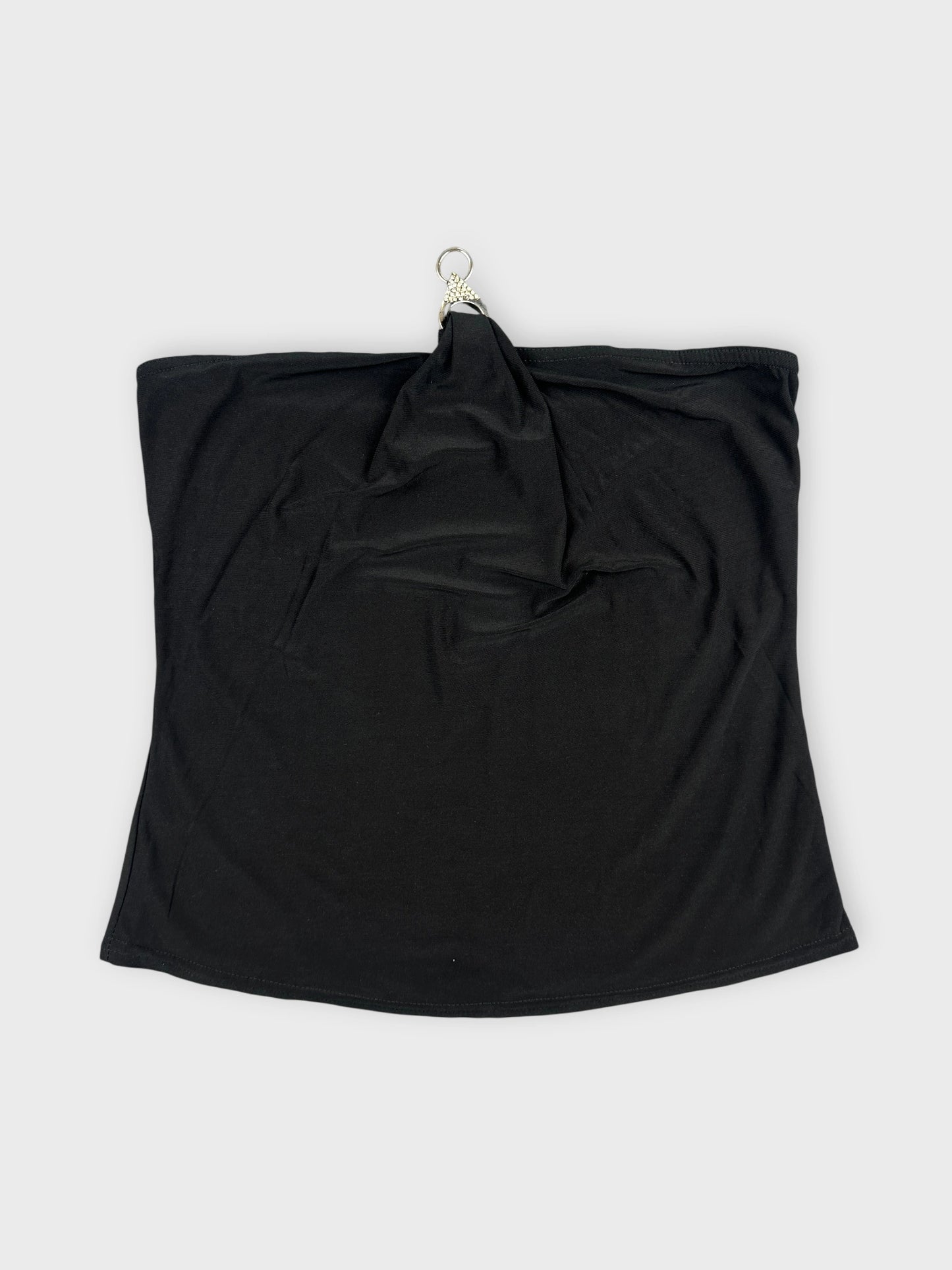 Black upper body top with draped detail front view