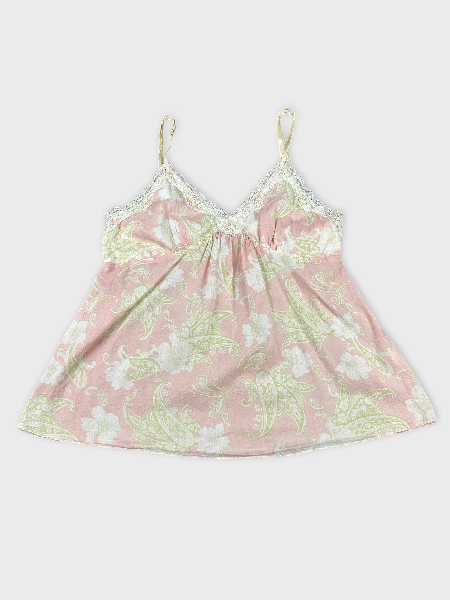 Vintage floral camisole top in pink with lace trim front view.