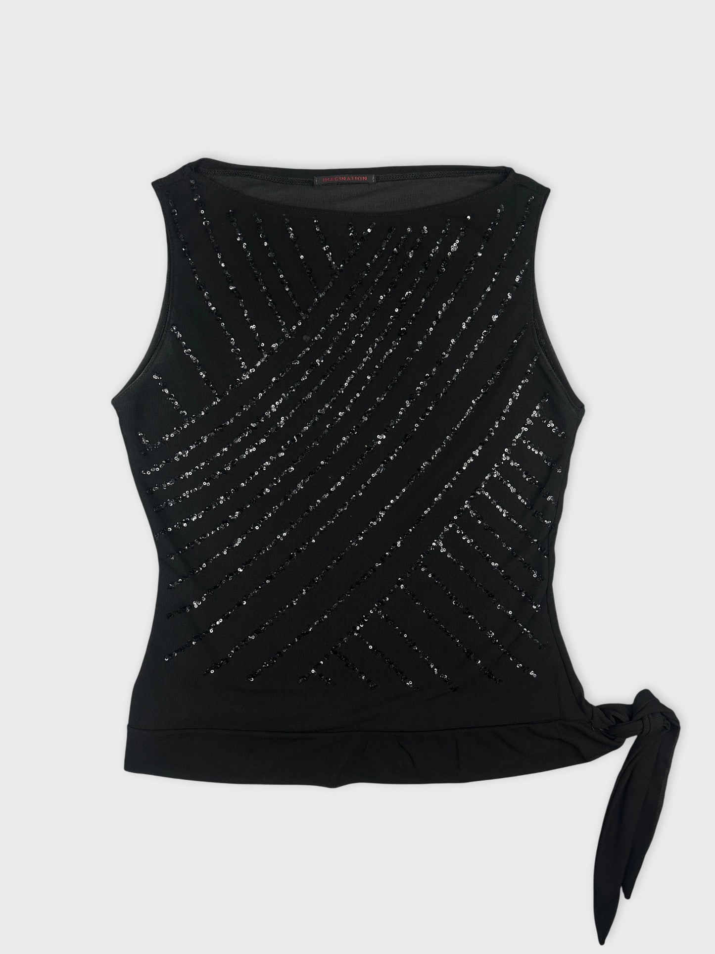 Front view of a black tank top with diagonal sequin detailing and side tie.