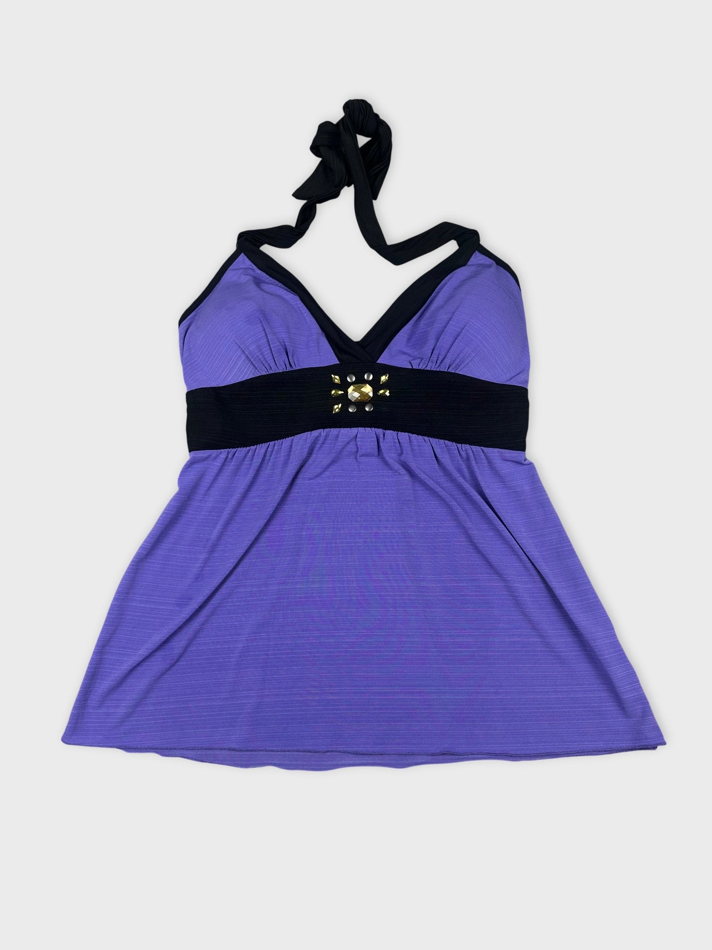 Purple halter top with black band detail front view
