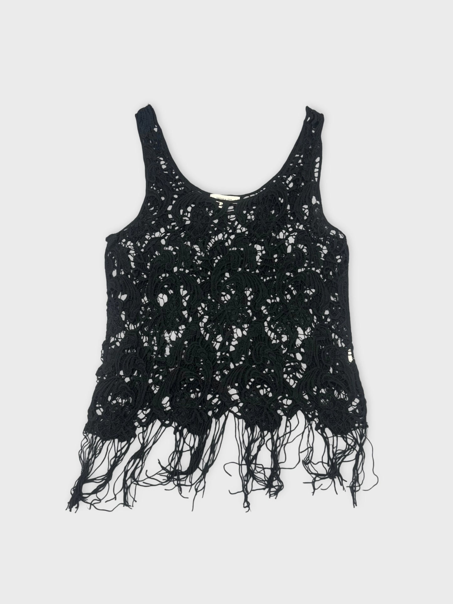 Black lace tank top with fringe detailing front view.