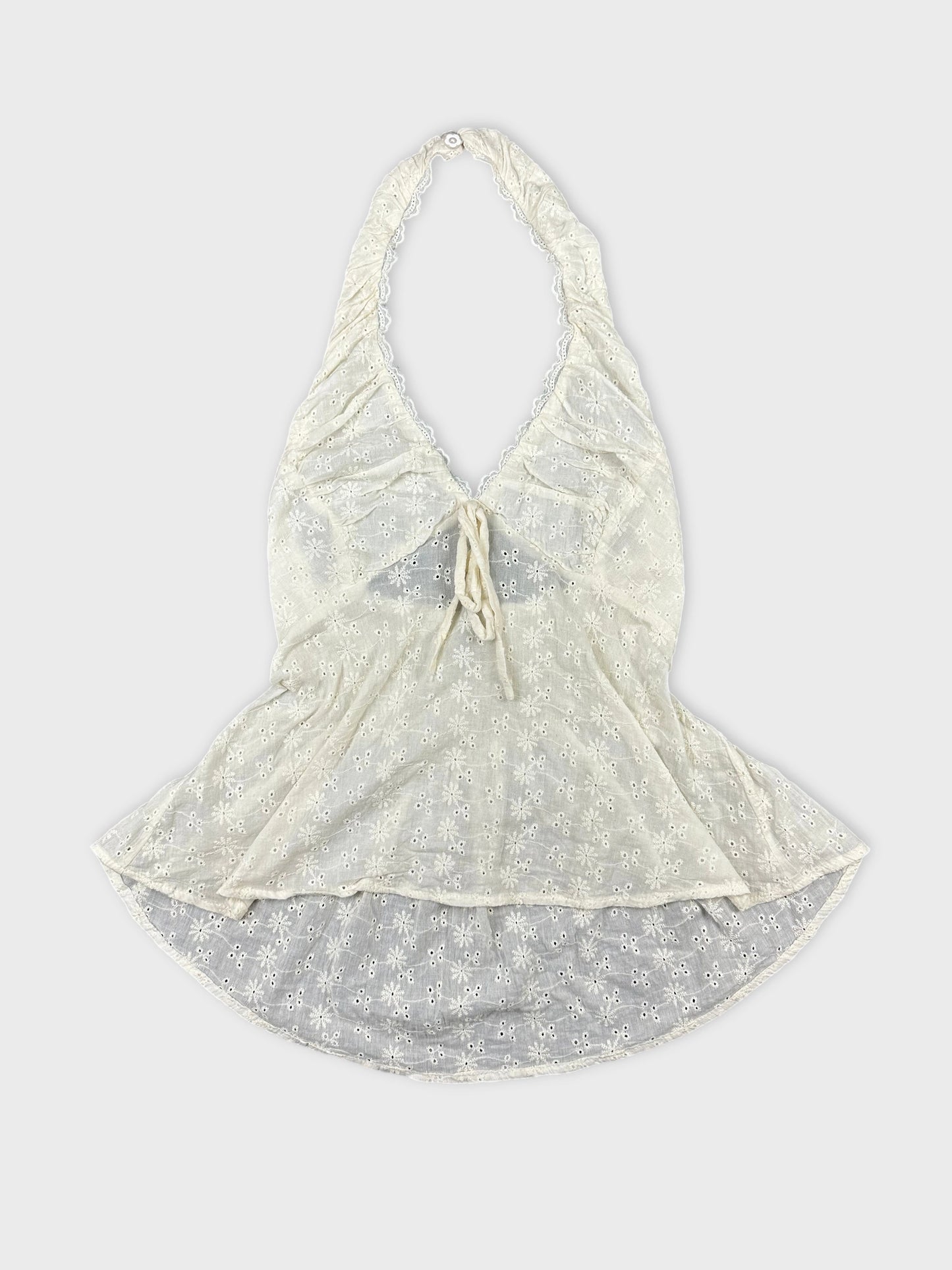 Vintage top in light cream color with floral lace detail front view