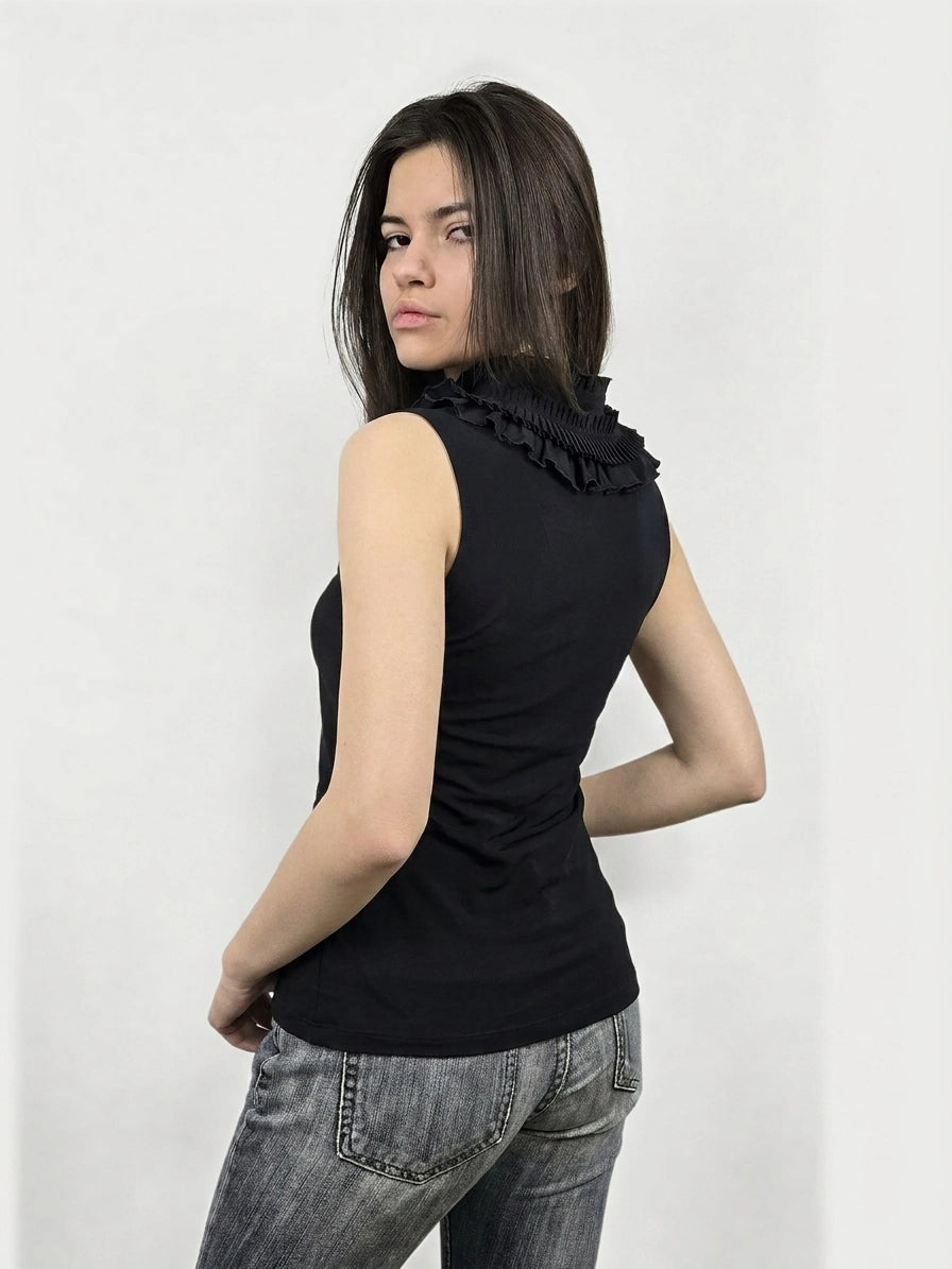 Back view of a black sleeveless top featuring ruffled neckline detail.