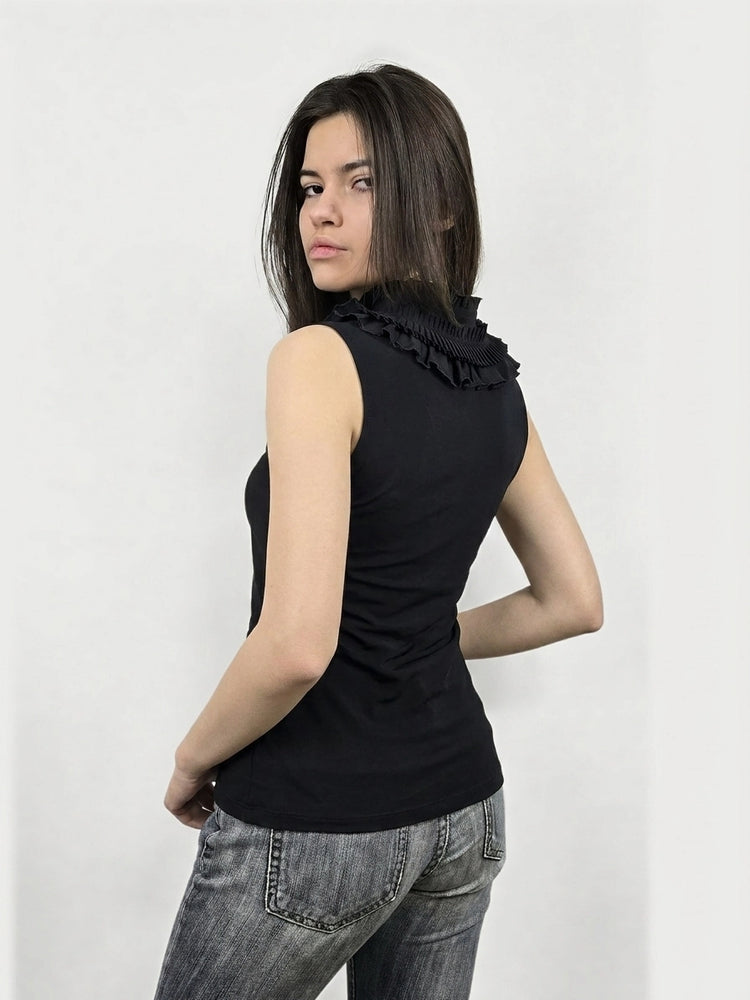 Black Ruffled Tank Top for Effortless Style (S)