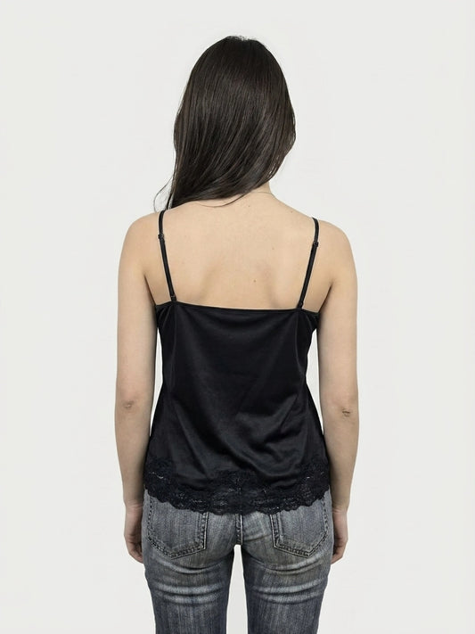 Back view of a black camisole with lace trim.