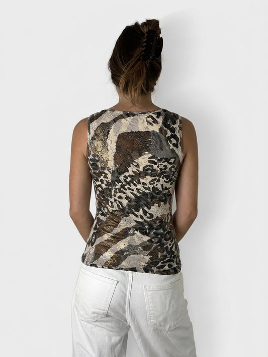 Back view of a sleeveless top, featuring a leopard print pattern in beige and brown.