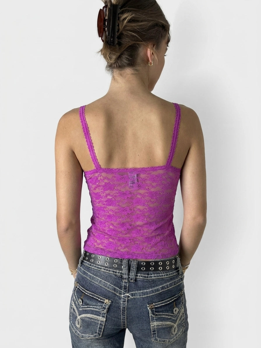 Back view of a purple lace tank top with thin straps.