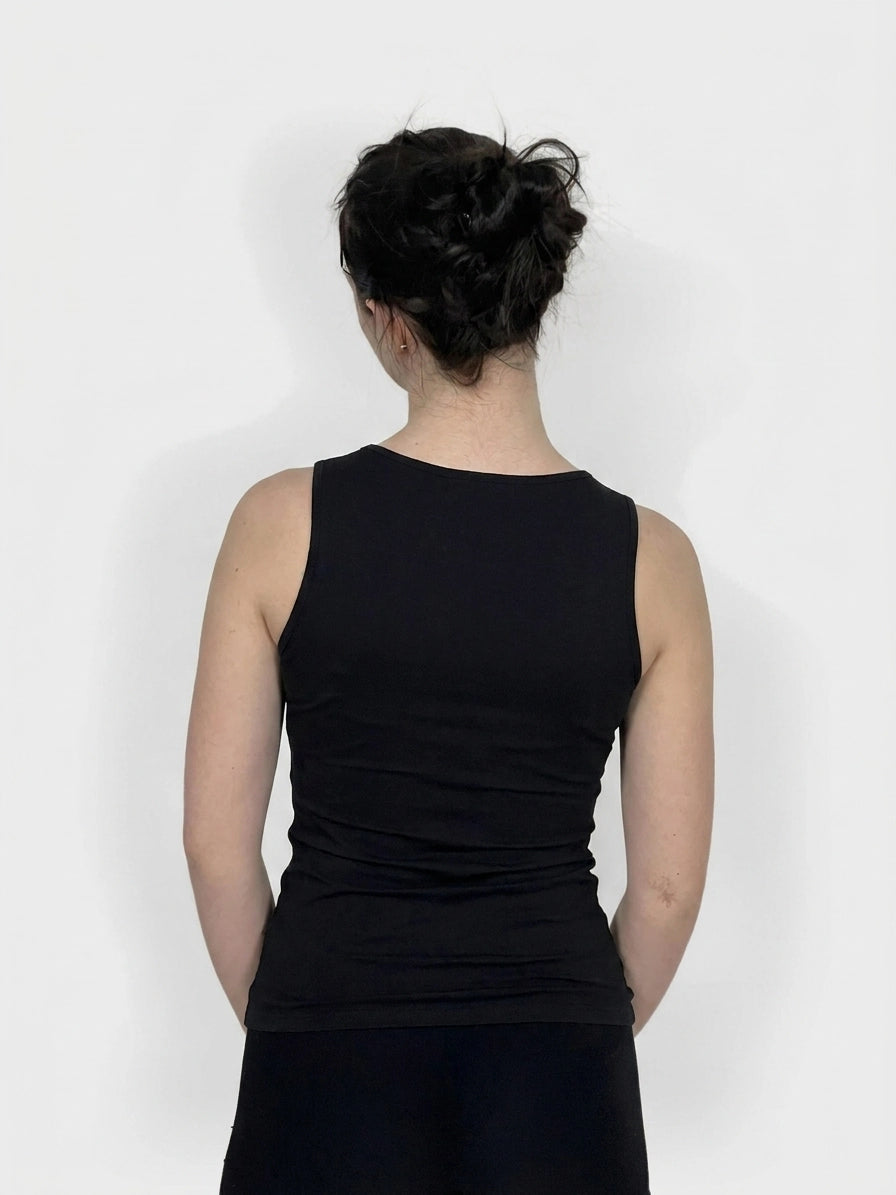 Back view of a black tank top with a fitted shape.