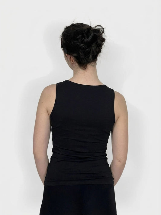 Back view of a black tank top with a fitted shape.
