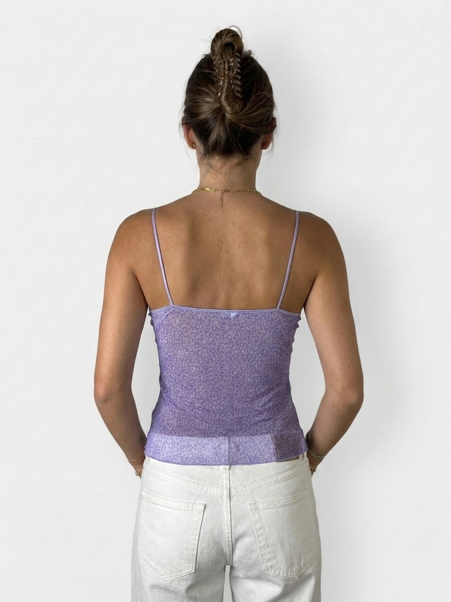 Back view of a lilac tank top with a subtle leopard print.