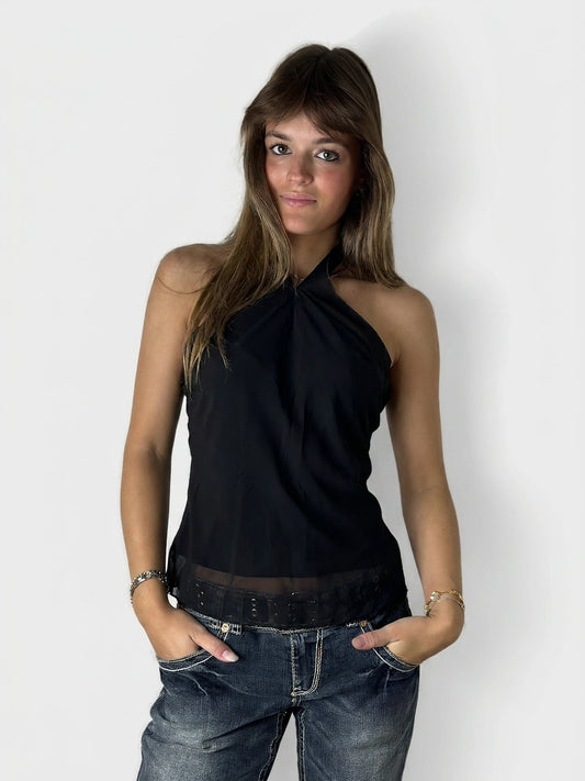Black halter top with a sheer hem, front view.
