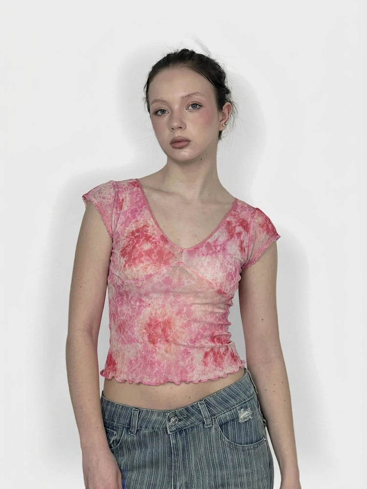 Pink Ruched Crop Top with Scalloped Hem (S)