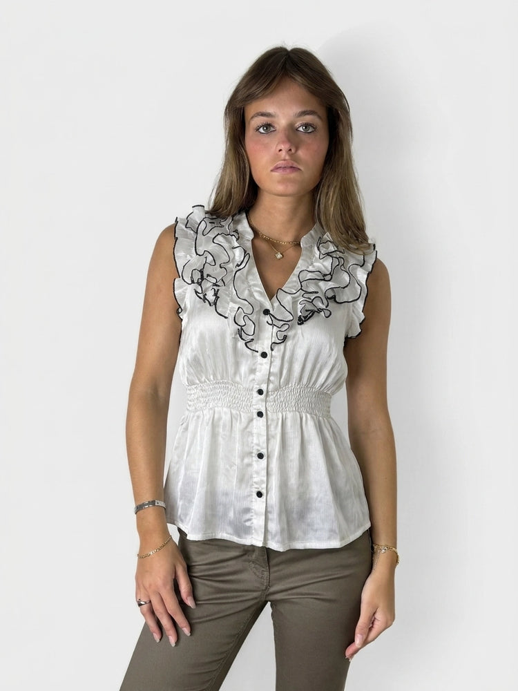 Elegant Ruffled Button-Up Top with Smocking (M)
