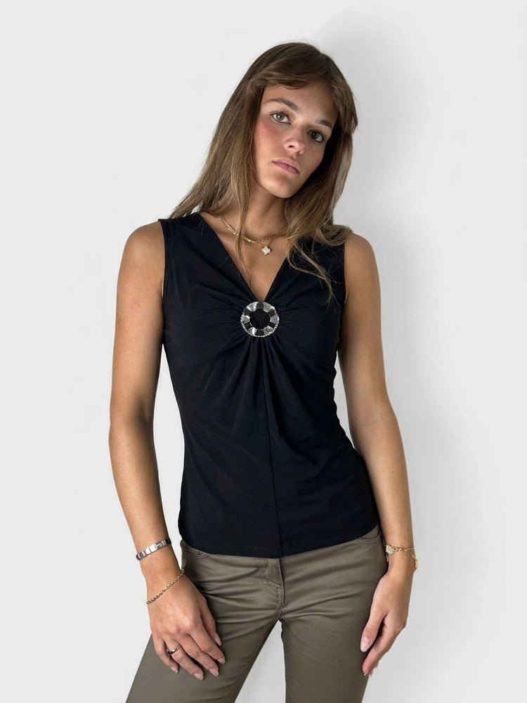 Elegant Black Top with Gem Detail (M)