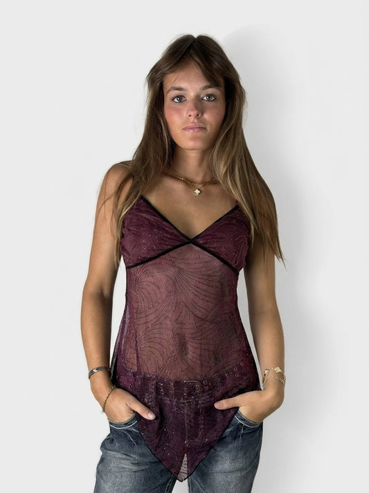 Sheer burgundy upper body top with swirling pattern, front view.