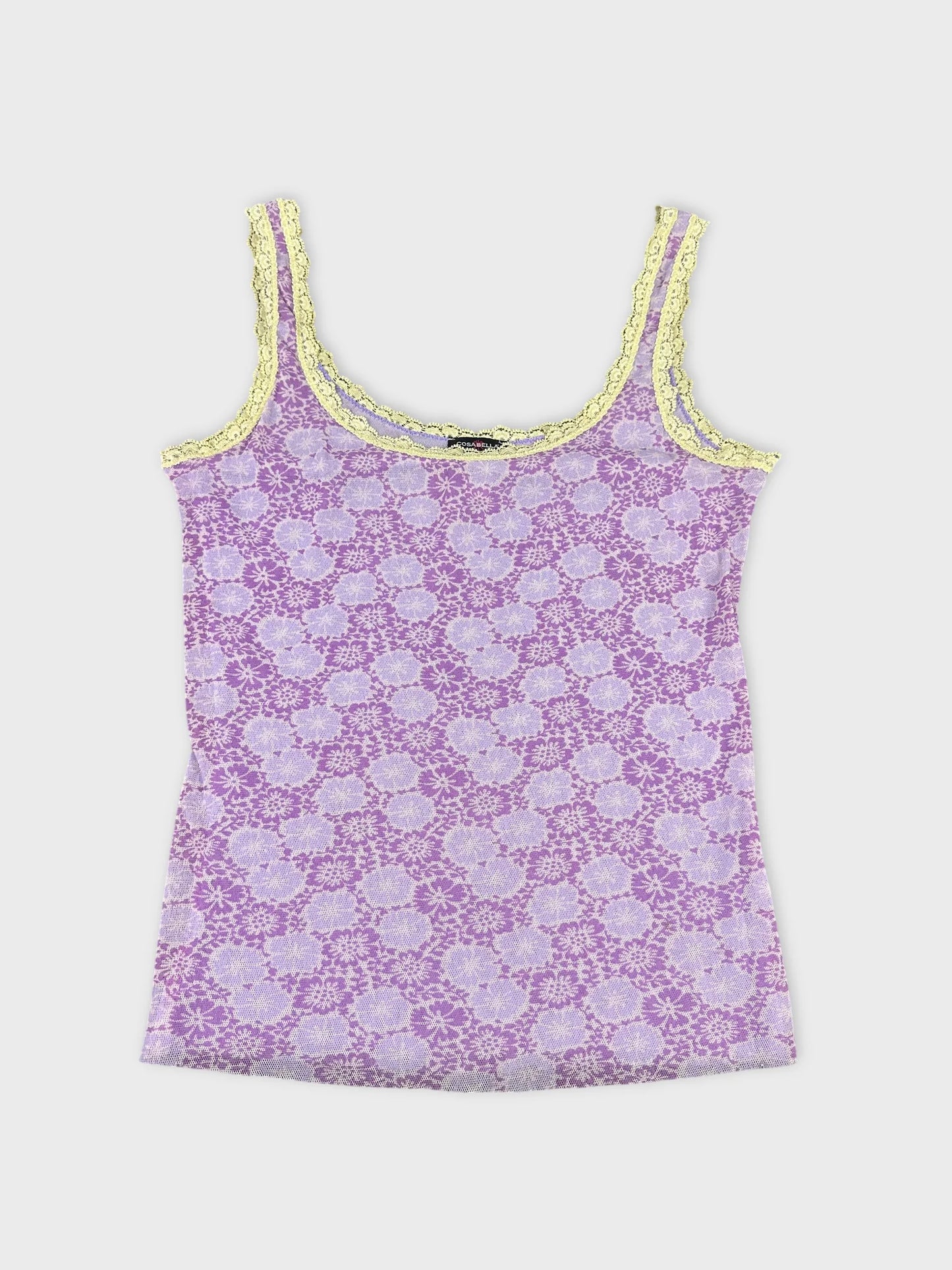 Front view of a lavender floral tank top with lace trim.